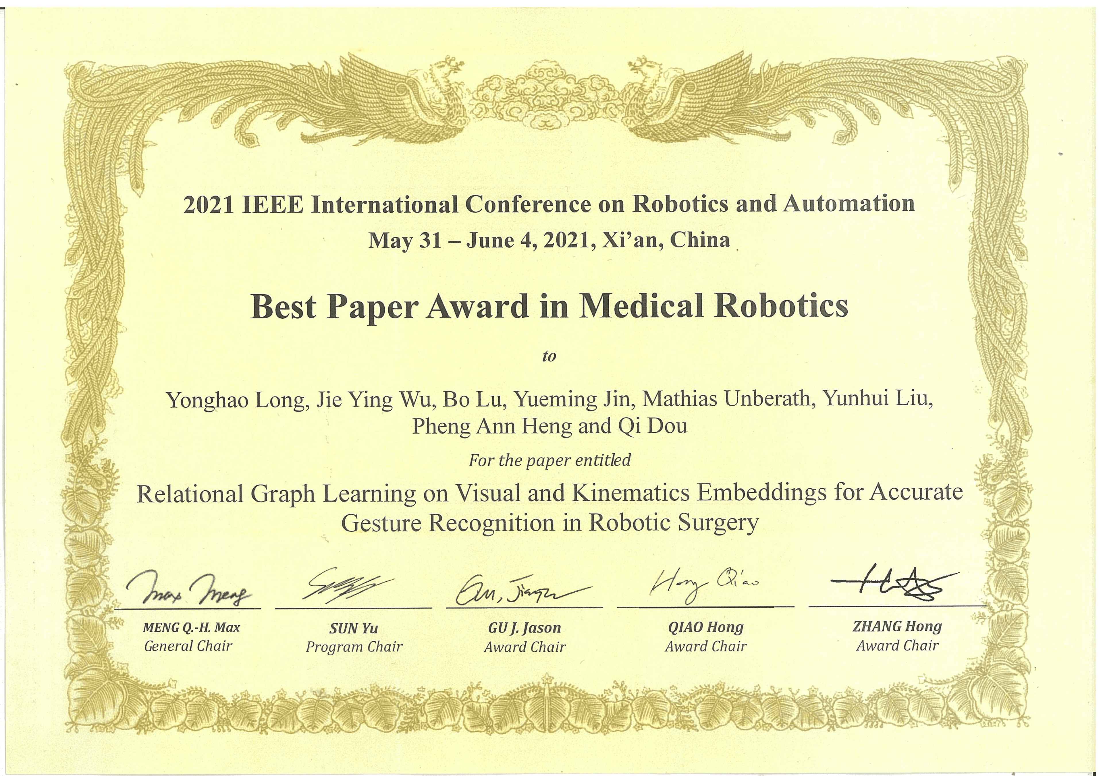 Certificate: Best Paper Award in Medical Robotics2021 IEEE International Conference on Robotics and Automation