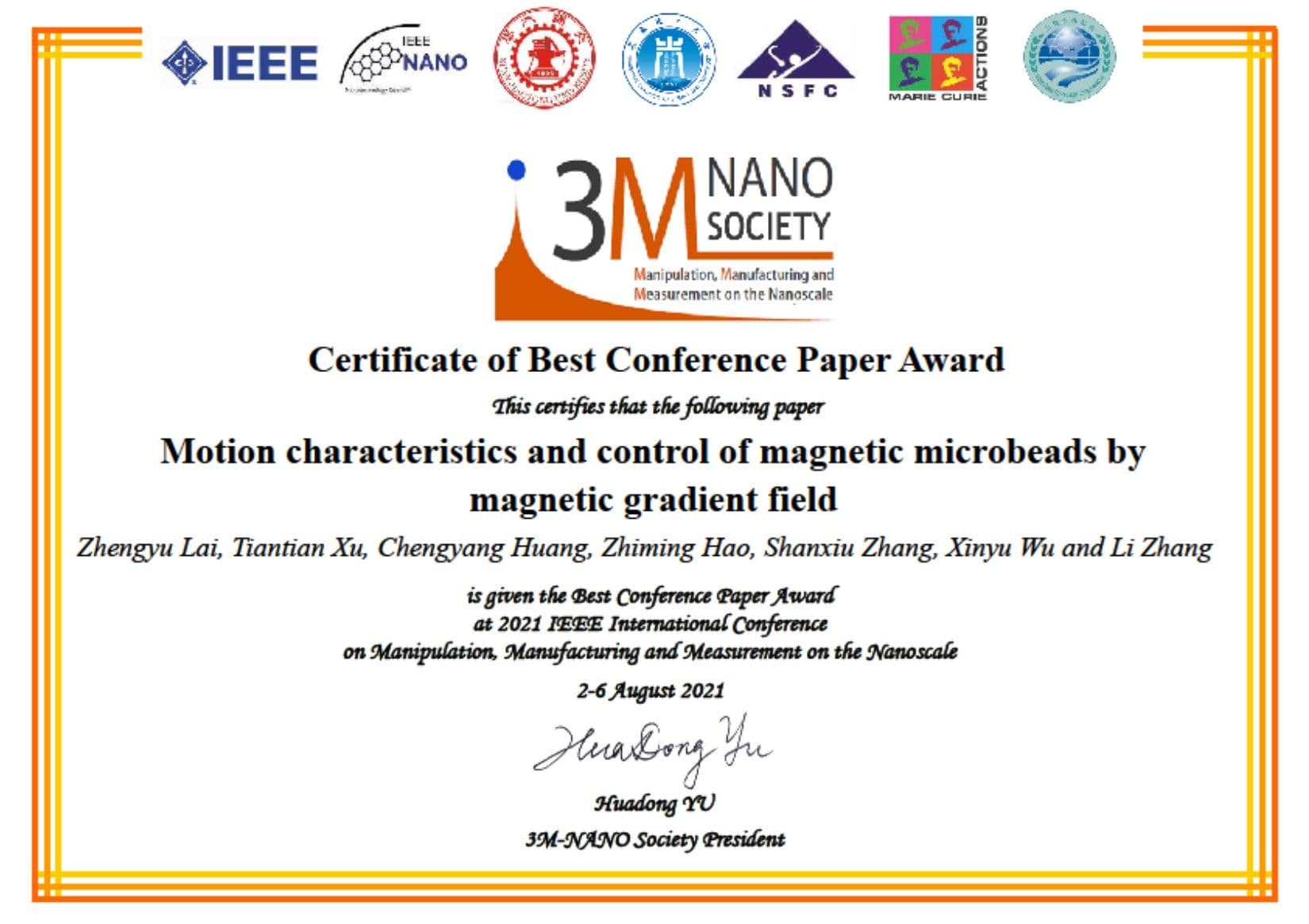 Certificate: Conference Paper Award2021 IEEE International Conference on Manipulation, Manufacturing and Measurement on the Nanoscale