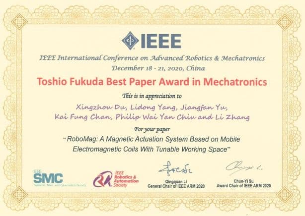 Certificate: Toshio Fukuda Best Paper Award in Mechatronics2020 IEEE International Conference on Advanced Robotics and Mechatronics